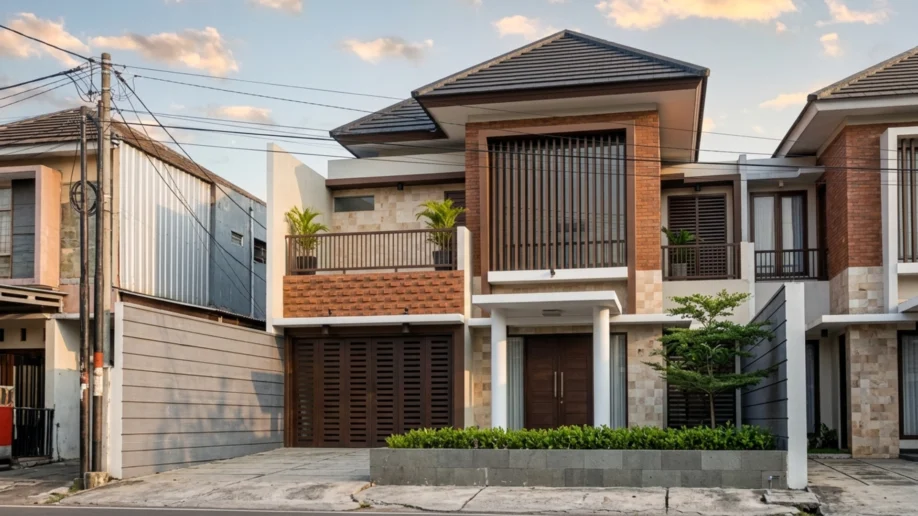 Desain Rumah Modern Tropis Dua Lantai dengan Secondary Skin - tampak eksterior