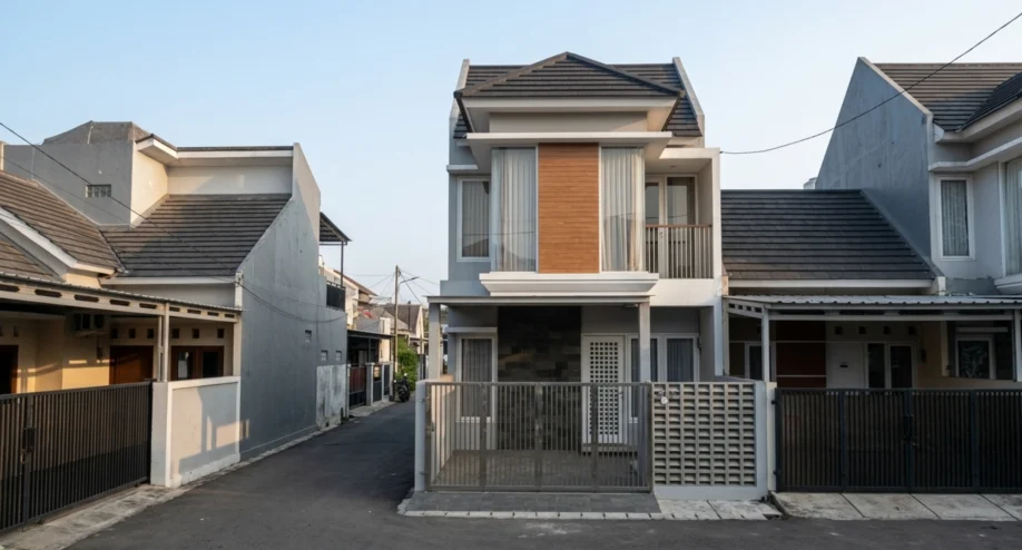 Desain Rumah Minimalis Dua Lantai dengan Aksen Kayu - tampak eksterior