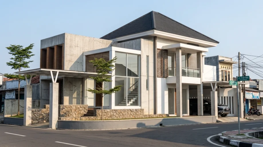 Desain Rumah Modern Tropis Kontemporer dan Kaca Tinggi - tampak eksterior