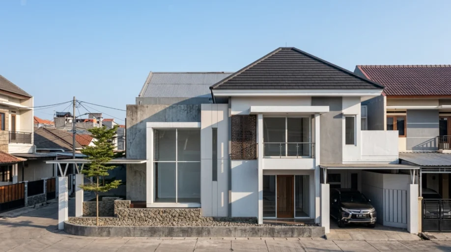 Desain Rumah Modern Tropis Kontemporer dan Kaca Tinggi - tampak eksterior
