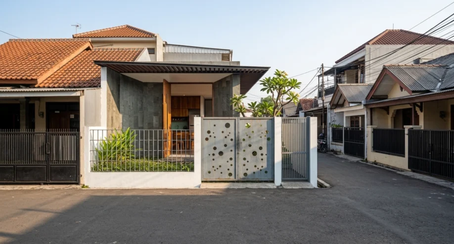 Desain Villa Tropis Satu Lantai dengan Kolam Renang Linear - tampak eksterior