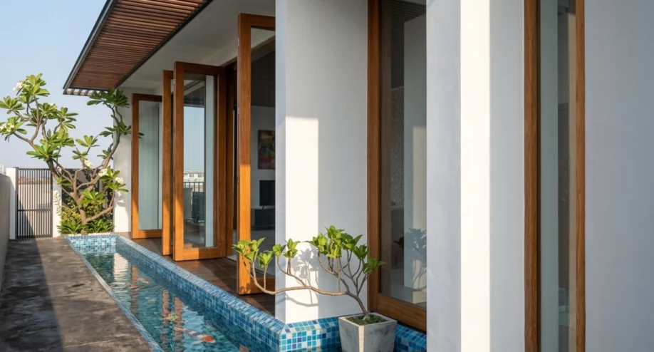 Desain Villa Tropis Satu Lantai dengan Kolam Renang Linear - tampak eksterior