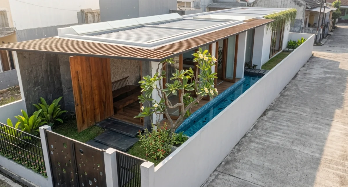 Desain Villa Tropis Satu Lantai dengan Kolam Renang Linear - tampak eksterior