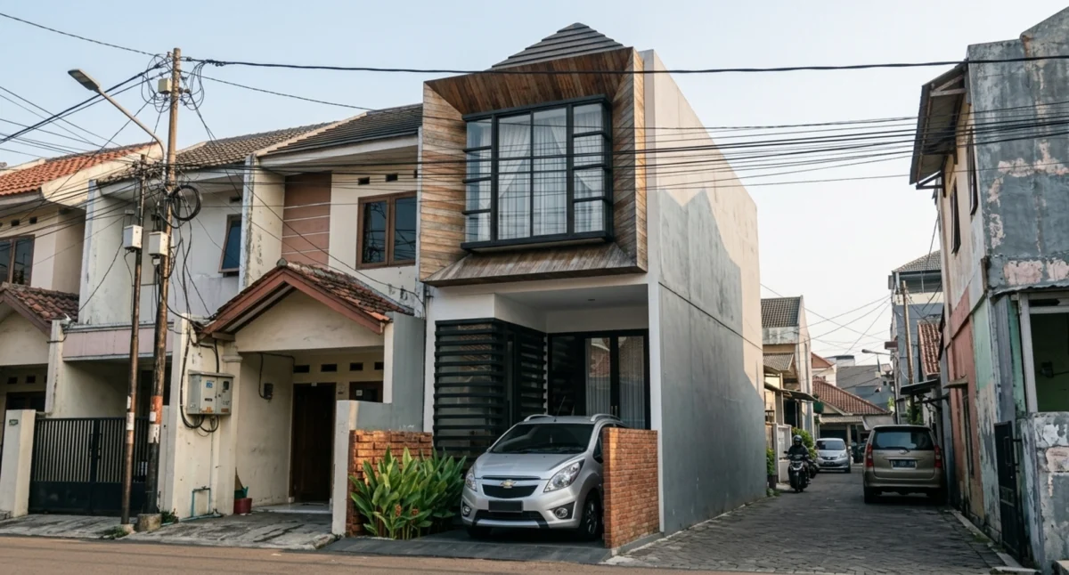 Rumah Urban Modern dengan Secondary Skin dan Wood Accent - tampak eksterior