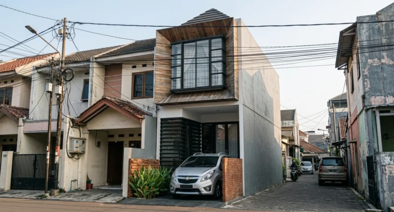 Rumah Urban Modern dengan Secondary Skin dan Wood Accent - tampak eksterior