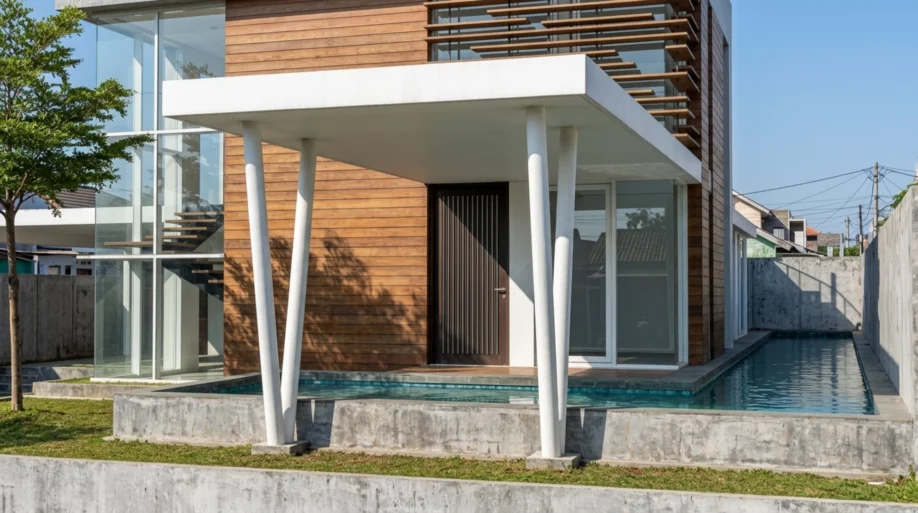 Desain Rumah Modern di Lahan Sudut dengan Kolam Renang dan Rooftop - tampak eksterior