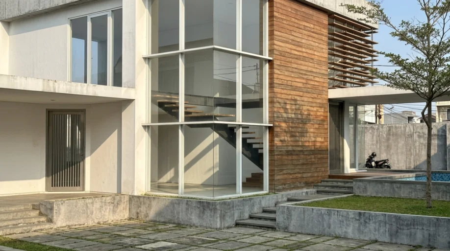 Desain Rumah Modern di Lahan Sudut dengan Kolam Renang dan Rooftop - tampak eksterior