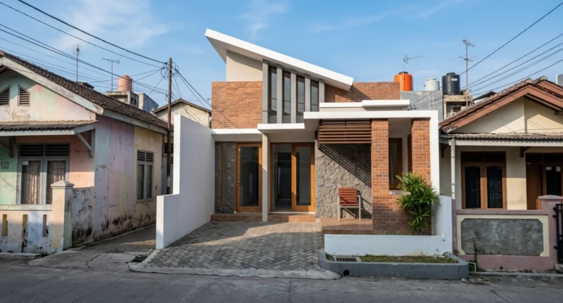 Desain Rumah Modern Tropis dengan Bata Ekspos dan Atap Miring - tampak eksterior