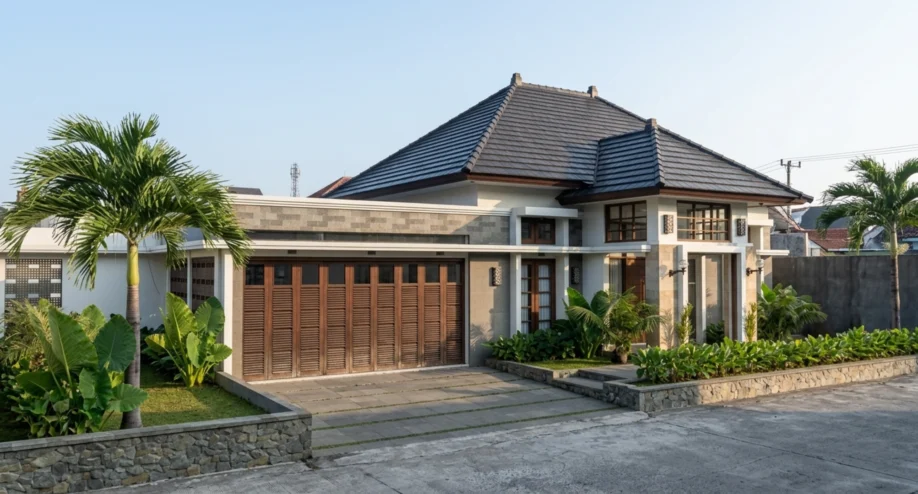 Desain Rumah Tropis Elegan Satu Lantai dengan Atap Limasan - tampak eksterior