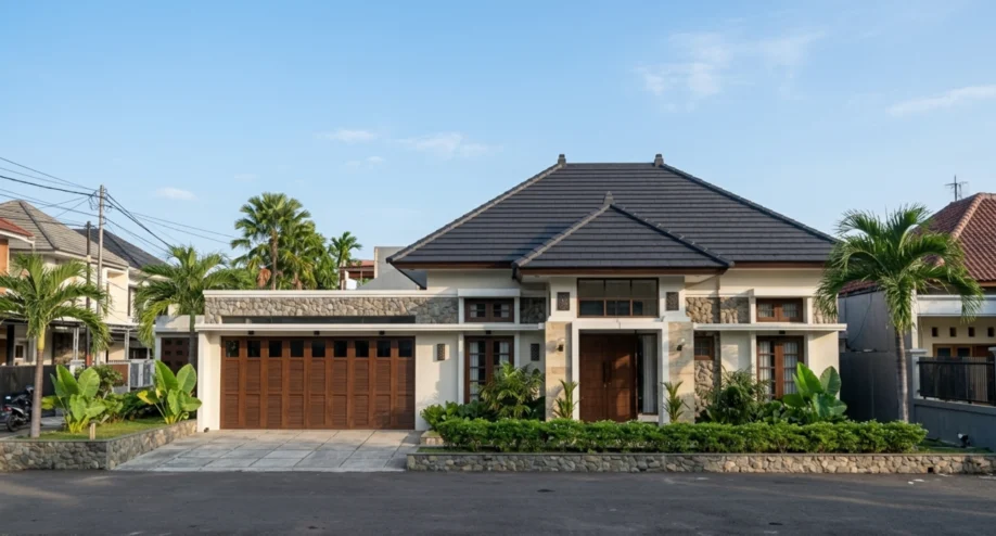 Desain Rumah Tropis Elegan Satu Lantai dengan Atap Limasan - tampak eksterior