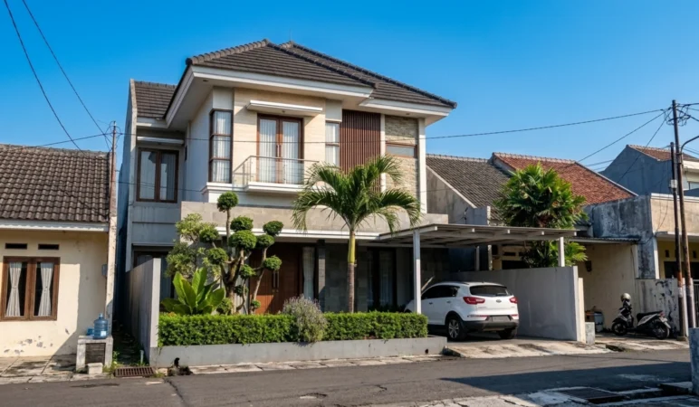 Rumah Modern Tropis 2 Lantai dengan Batu Alam dan Kisi Kayu - tampak eksterior