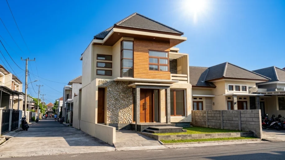 Rumah Modern Tropis 2 Lantai dengan Aksen Kayu dan Batu Alam - tampak eksterior