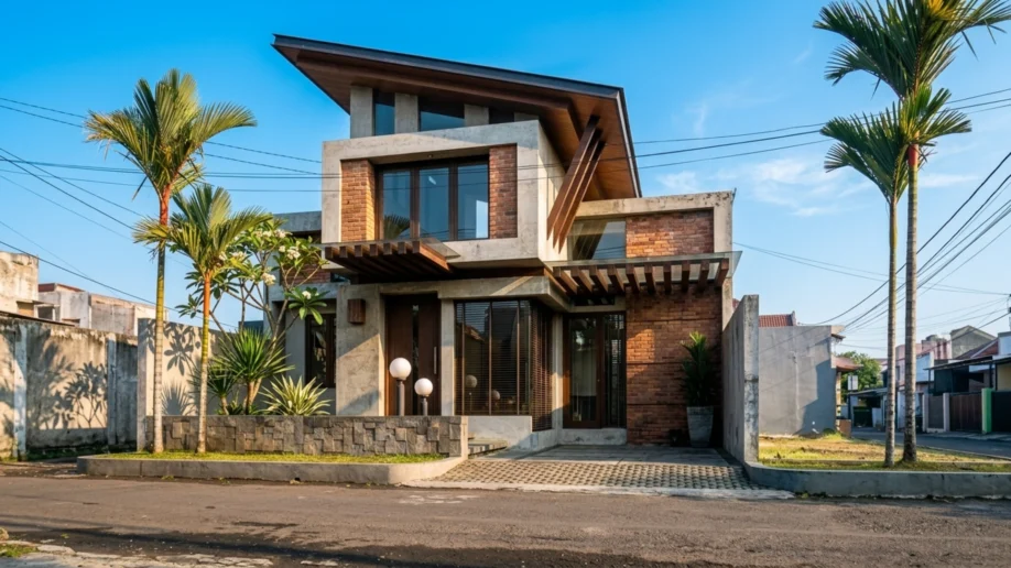 Rumah Modern Tropis 2 Lantai dengan Bata Ekspos dan Elemen Kayu - tampak eksterior
