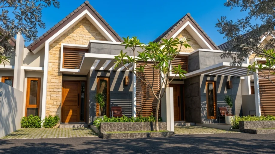 Desain Rumah Kembar Modern Tropis dengan Batu Alam dan Kisi Kayu - tampak eksterior