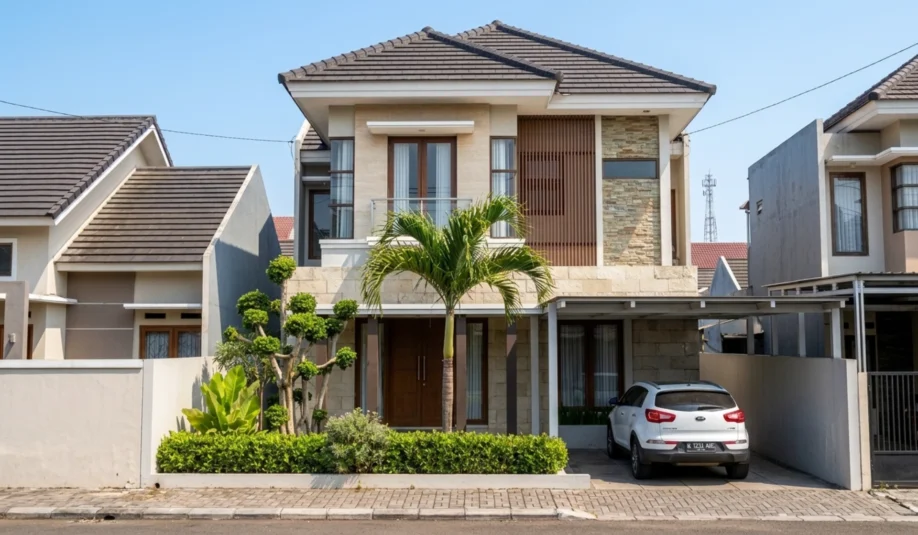 Rumah Modern Tropis 2 Lantai dengan Batu Alam dan Kisi Kayu - tampak eksterior