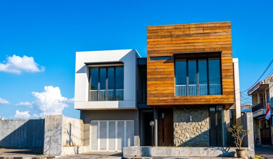 Rumah Modern Kontemporer 2 Lantai dengan Wood Cladding dan Batu Alam - tampak eksterior