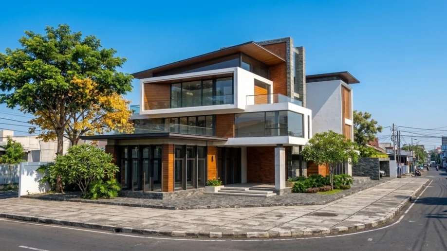 Desain Rumah Modern Tropis Tiga Lantai di Lahan Sudut - tampak eksterior