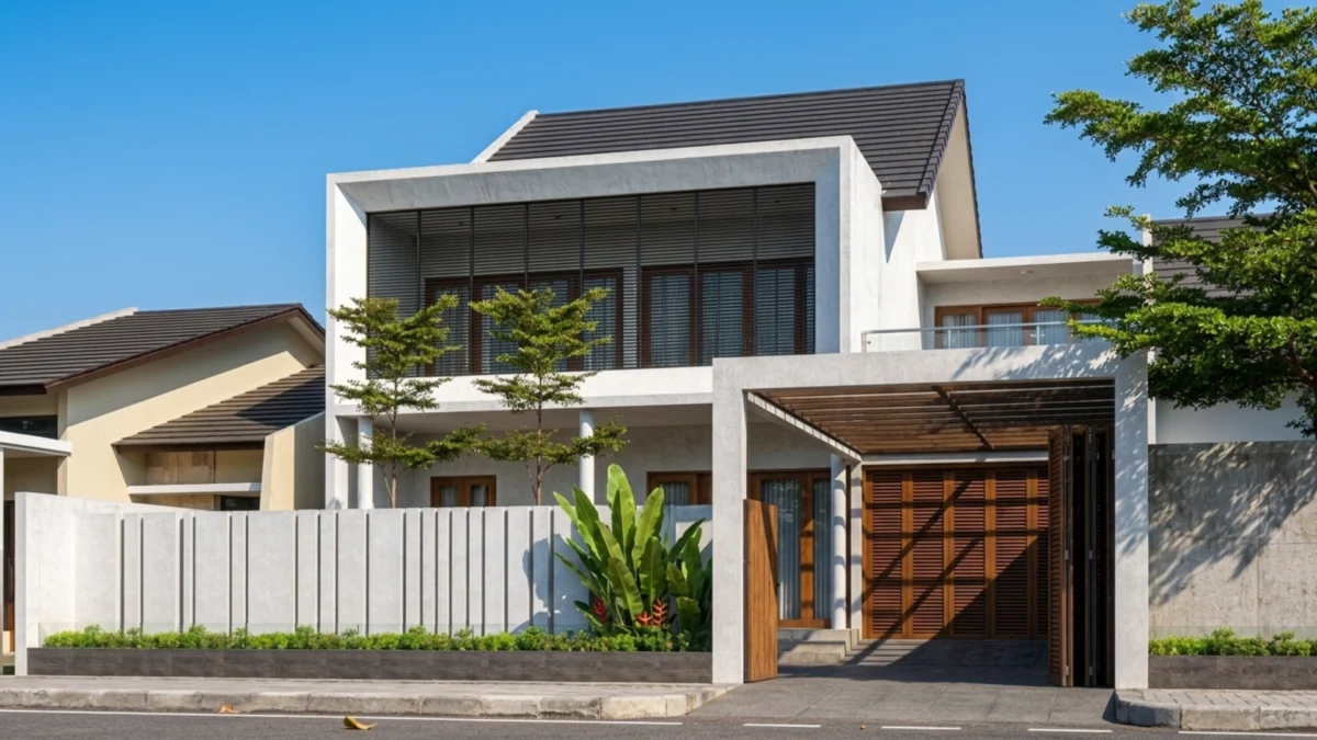 Desain Rumah Tropis Modern Dua Lantai dengan Secondary Skin - tampak eksterior