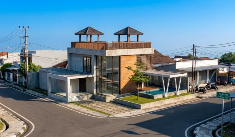 Desain Rumah Modern di Lahan Sudut dengan Kolam Renang dan Rooftop - tampak eksterior