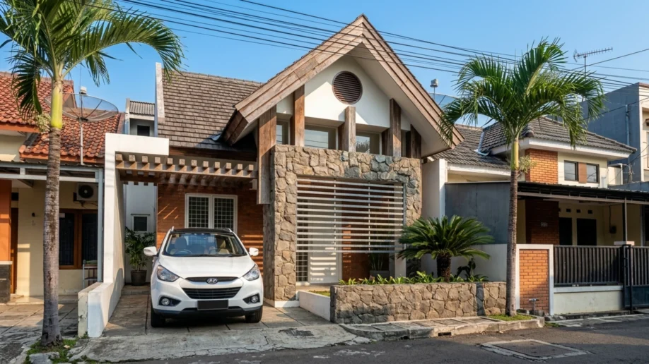 Desain Rumah Tropis Kontemporer dengan Fasad Batu Alam - tampak eksterior