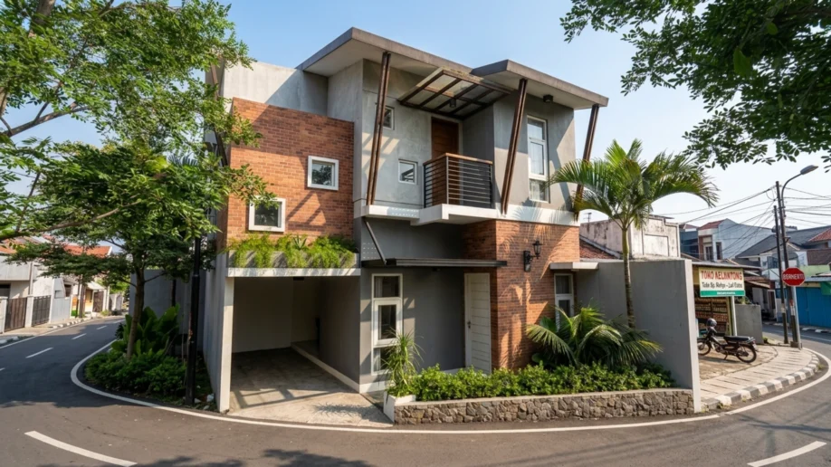 Desain Rumah Industrial Tropis Dua Lantai di Lahan Sudut - tampak eksterior