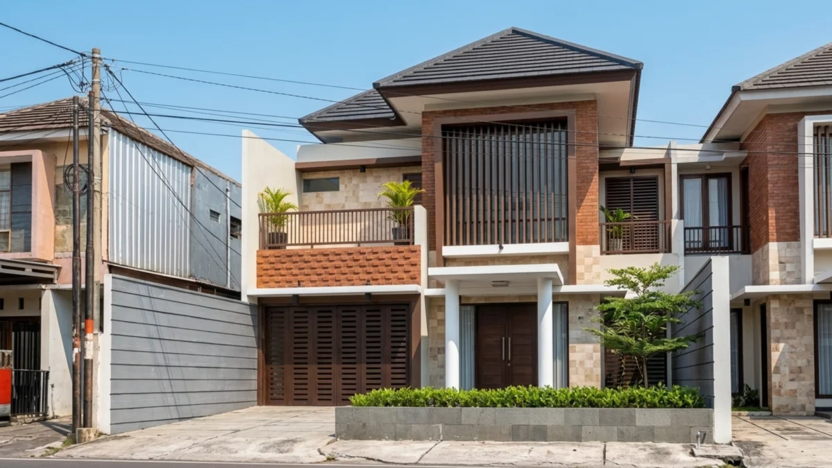 Desain Rumah Modern Tropis Dua Lantai dengan Secondary Skin - tampak eksterior