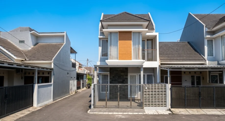 Desain Rumah Minimalis Dua Lantai dengan Aksen Kayu - tampak eksterior