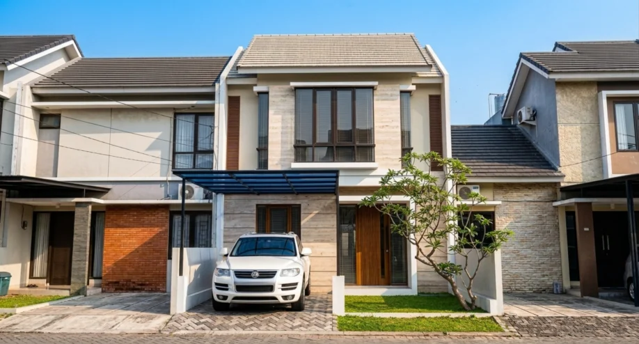 Desain Rumah Modern Tropis Dua Lantai dengan Batu Alam - tampak eksterior