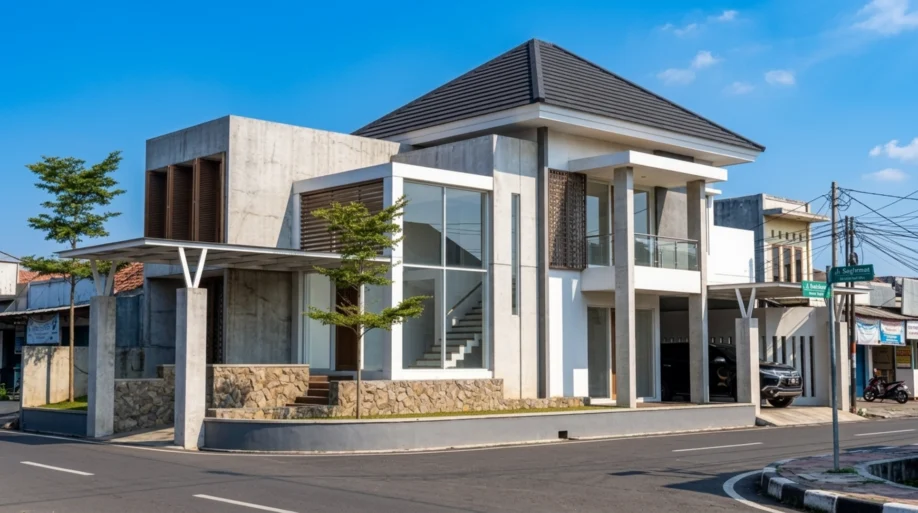 Desain Rumah Modern Tropis Kontemporer dan Kaca Tinggi - tampak eksterior