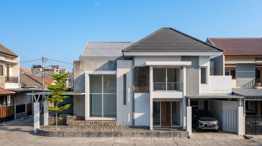 Desain Rumah Modern Tropis Kontemporer dan Kaca Tinggi - tampak eksterior