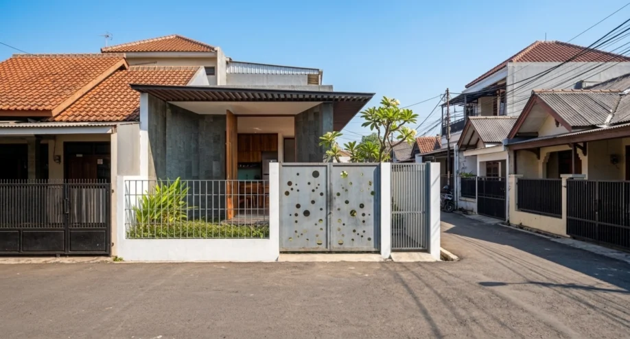 Desain Villa Tropis Satu Lantai dengan Kolam Renang Linear - tampak eksterior