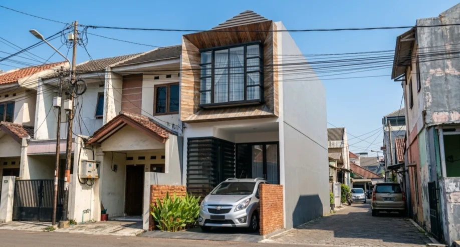 Rumah Urban Modern dengan Secondary Skin dan Wood Accent - tampak eksterior