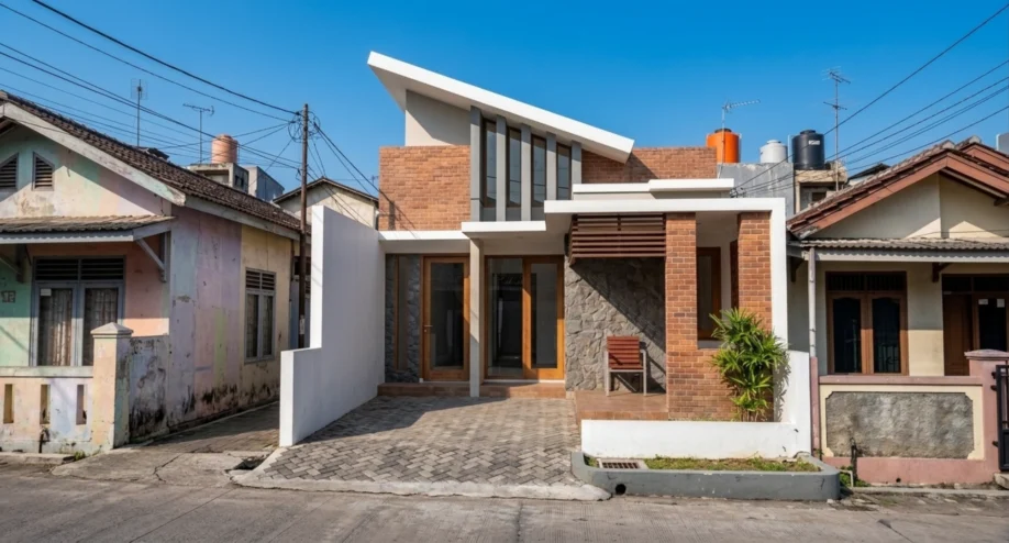 Desain Rumah Modern Tropis dengan Bata Ekspos dan Atap Miring - tampak eksterior