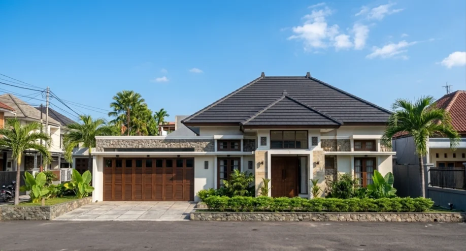 Desain Rumah Tropis Elegan Satu Lantai dengan Atap Limasan - tampak eksterior