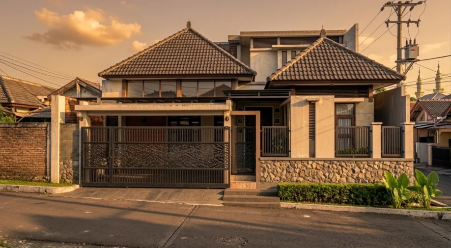Rumah Tropis Modern dengan Material Alam dan Pagar Motif Daun - tampak eksterior
