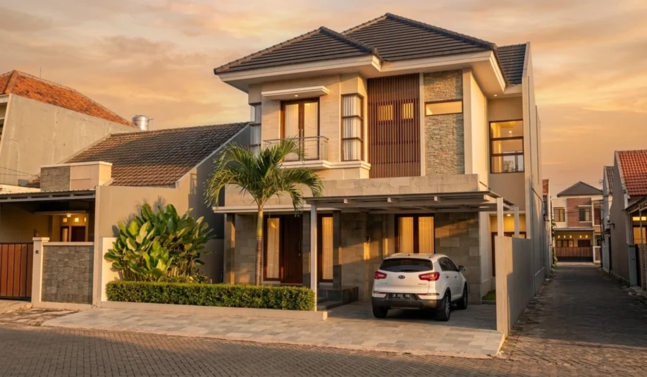 Rumah Modern Tropis 2 Lantai dengan Batu Alam dan Kisi Kayu - tampak eksterior