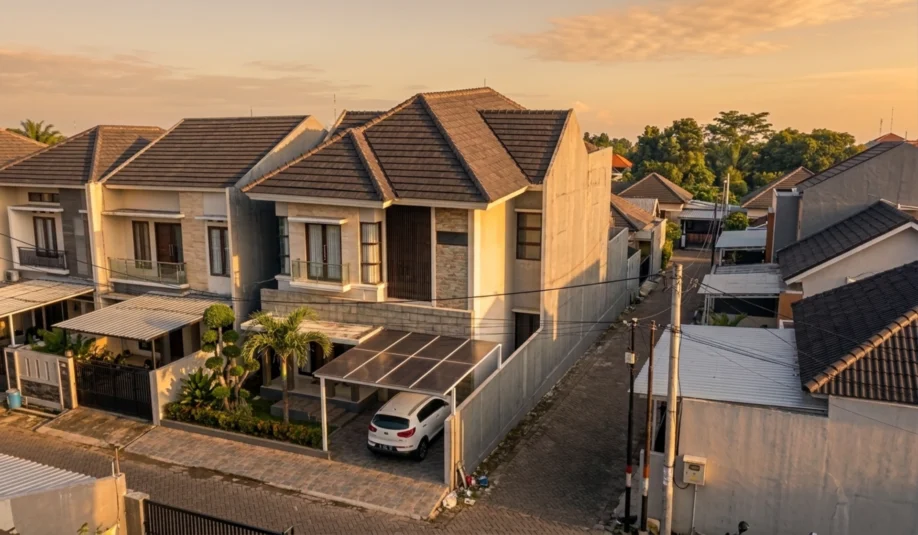 Rumah Modern Tropis 2 Lantai dengan Batu Alam dan Kisi Kayu - tampak eksterior