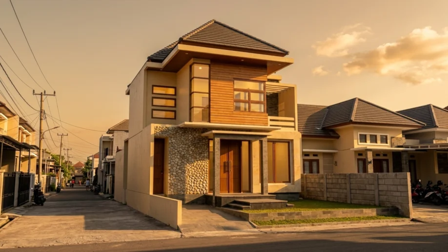 Rumah Modern Tropis 2 Lantai dengan Aksen Kayu dan Batu Alam - tampak eksterior