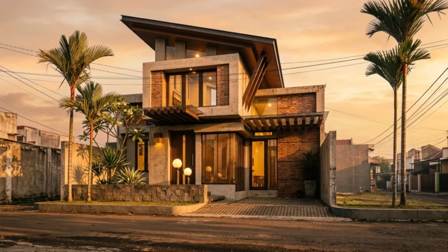 Rumah Modern Tropis 2 Lantai dengan Bata Ekspos dan Elemen Kayu - tampak eksterior