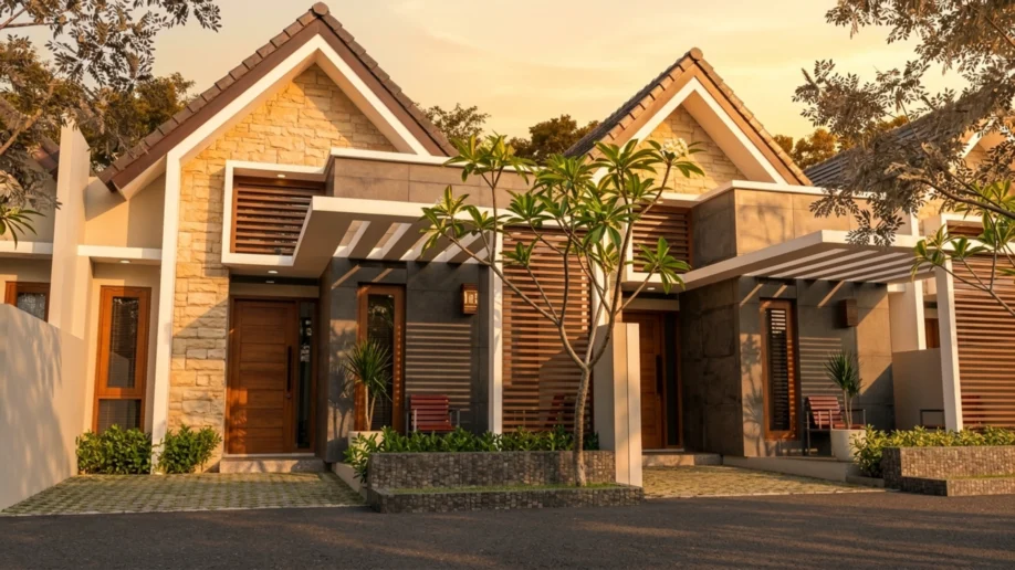 Desain Rumah Kembar Modern Tropis dengan Batu Alam dan Kisi Kayu - tampak eksterior