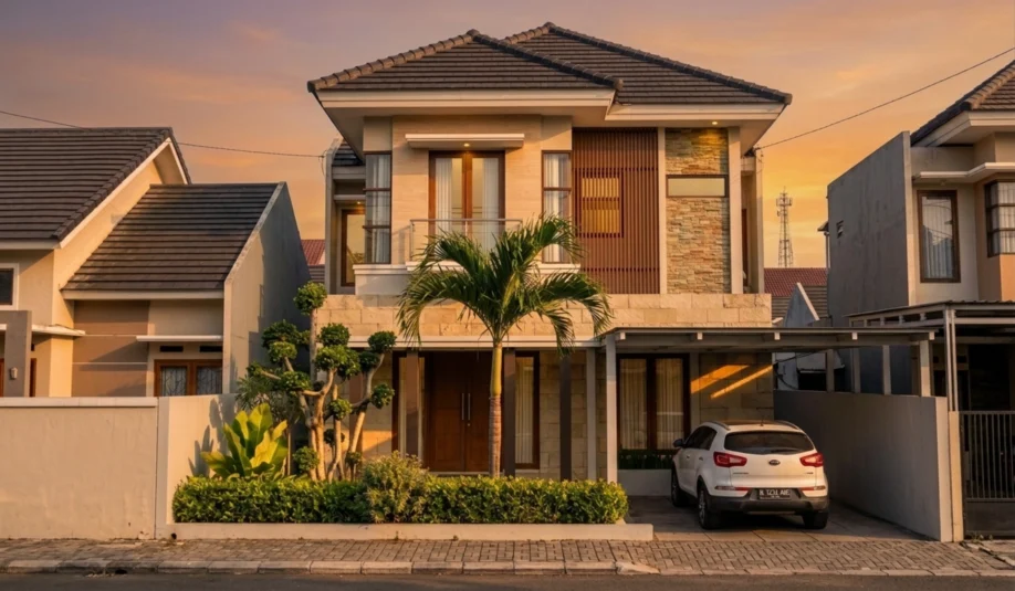 Rumah Modern Tropis 2 Lantai dengan Batu Alam dan Kisi Kayu - tampak eksterior