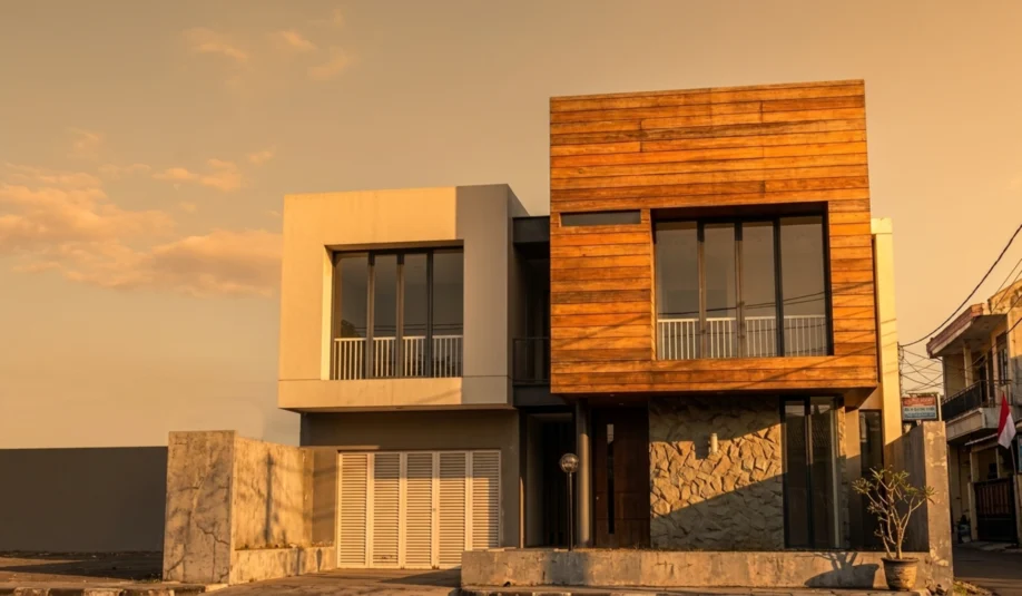 Rumah Modern Kontemporer 2 Lantai dengan Wood Cladding dan Batu Alam - tampak eksterior