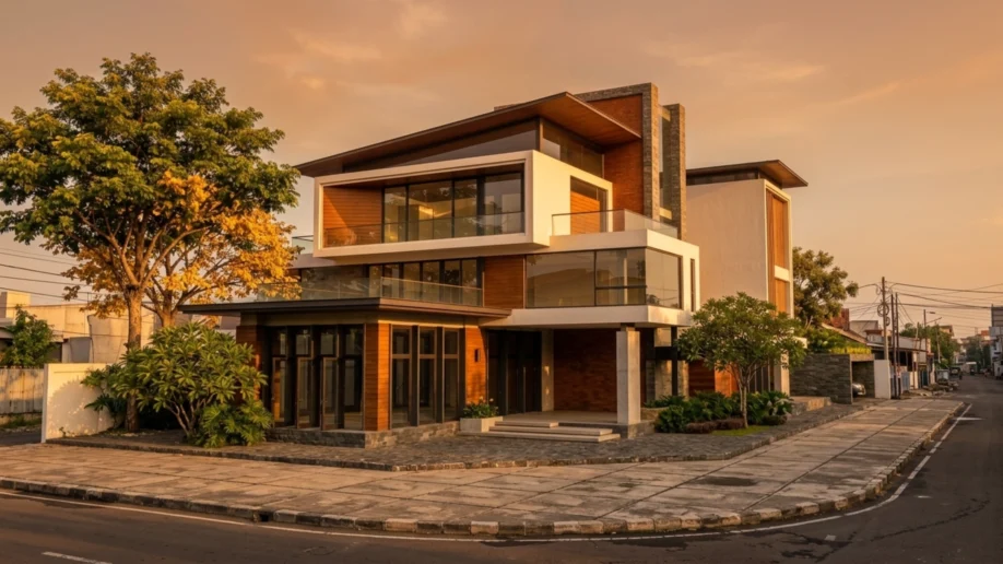 Desain Rumah Modern Tropis Tiga Lantai di Lahan Sudut - tampak eksterior