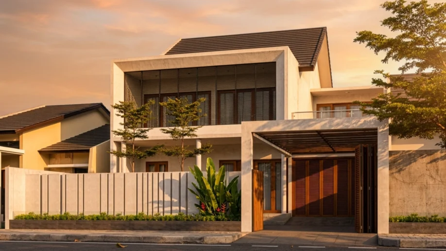 Desain Rumah Tropis Modern Dua Lantai dengan Secondary Skin - tampak eksterior