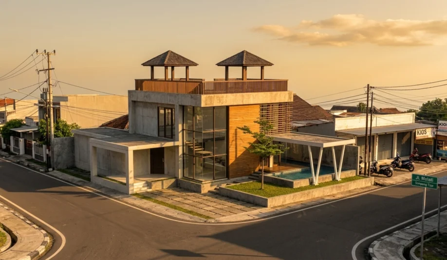 Desain Rumah Modern di Lahan Sudut dengan Kolam Renang dan Rooftop - tampak eksterior