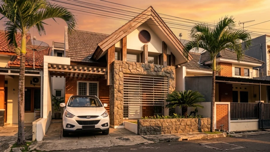 Desain Rumah Tropis Kontemporer dengan Fasad Batu Alam - tampak eksterior