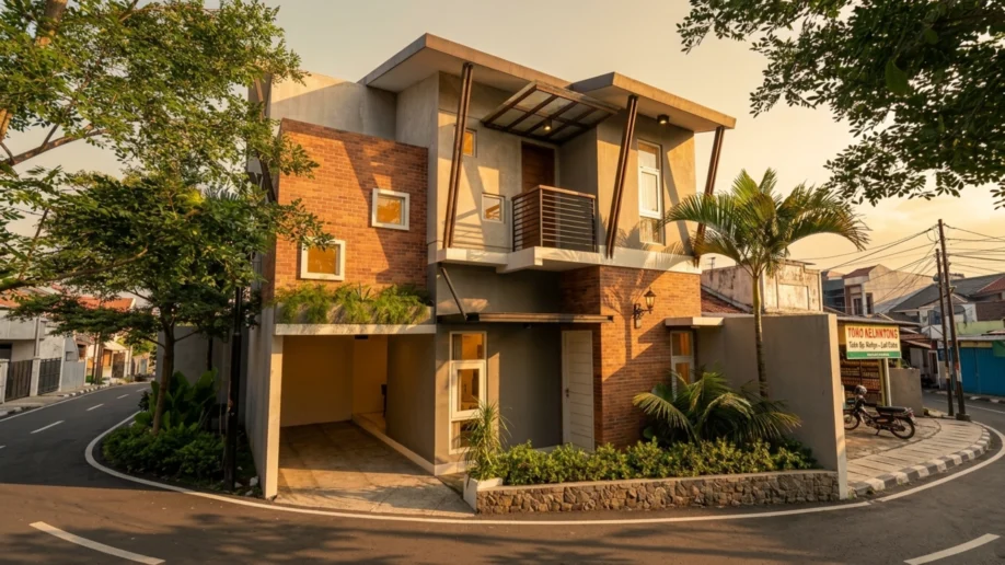 Desain Rumah Industrial Tropis Dua Lantai di Lahan Sudut - tampak eksterior