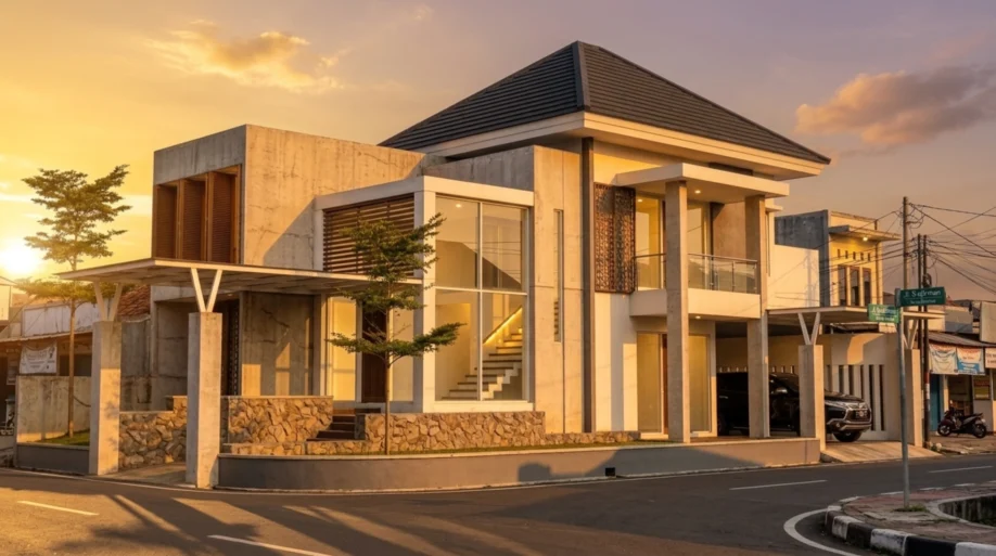 Desain Rumah Modern Tropis Kontemporer dan Kaca Tinggi - tampak eksterior