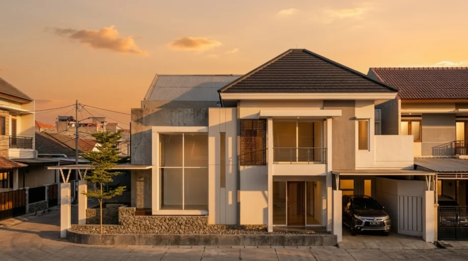 Desain Rumah Modern Tropis Kontemporer dan Kaca Tinggi - tampak eksterior