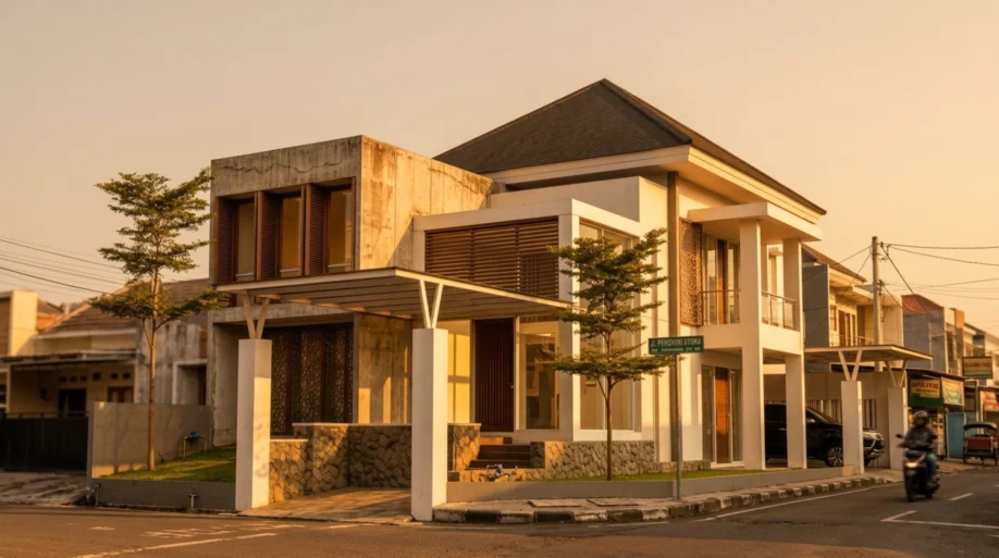 Desain Rumah Modern Tropis Kontemporer dan Kaca Tinggi - tampak eksterior